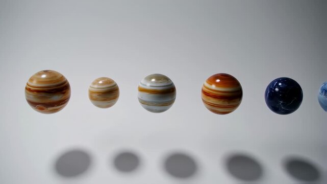 Planets depicted in a row, with shadows cast below, floating against a simple white background