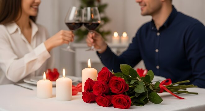 Romantic couple toasting with red wine at dinner