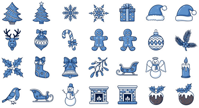 Collection of festive christmas themed icons in blue and white colors