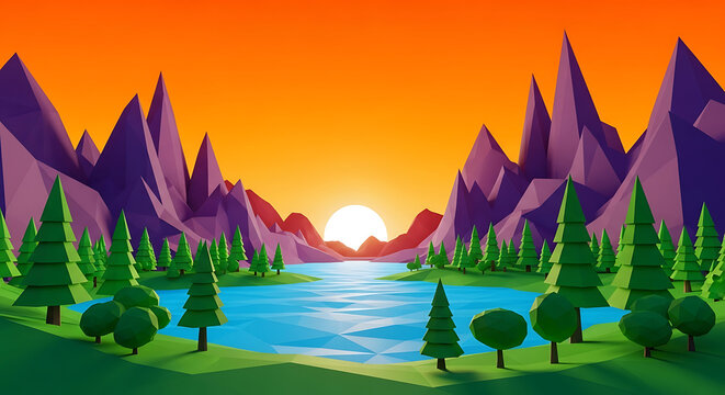 Low poly landscape sunset mountains trees lake nature digital art illustration wallpaper background scene - Powered by Adobe