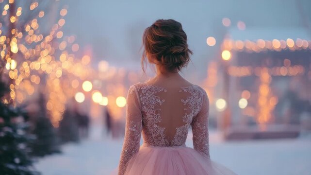 beautiful bride in pink wedding dress in snowy romantic winter landscape animation