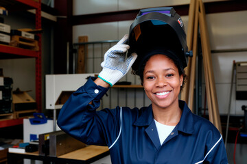 Portrait of young adult Black woman smiling and lifting welding helmet in workshop, wearing protective gloves and work uniform, standing in industrial workspace with shelves and equipment