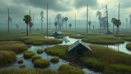 A small house in the middle of a swamp surrounded by trees