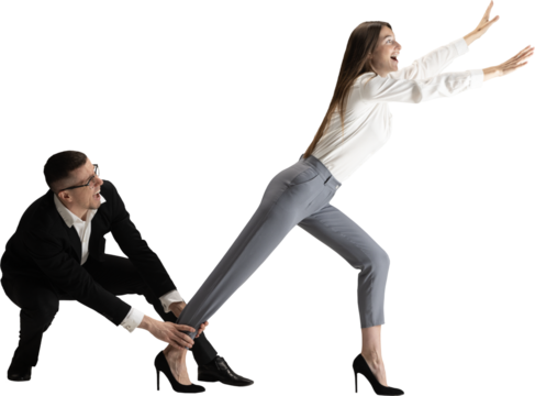 Businessman holding woman leg trying to stop her with dramatic expressions on transparent background. Concept of partnership tension, humorous struggle, workplace conflict and dynamic team visuals.