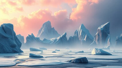 A large group of icebergs floating on top of a body of water