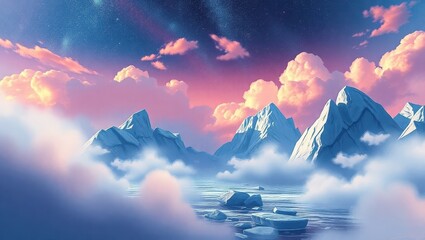 A painting of a mountain range in the sky with clouds