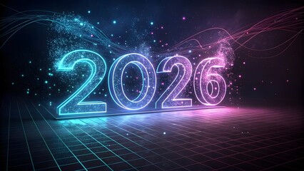 Luminous 2026 numbers on a digital grid with abstract light effects Keywords: 2026, year, future, futuristic, grid, digital, technology, neon