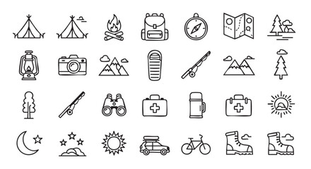 Line art Camping Adventure icons representing outdoor activities and nature