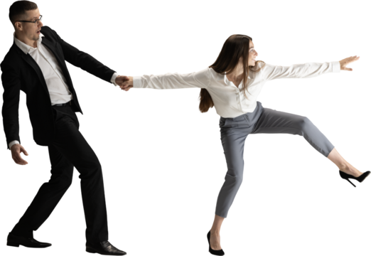 Business partners pulling each other with energetic expressions on transparent background. Concept of teamwork tension, problem-solving, workflow struggles and dynamic corporate storytelling.
