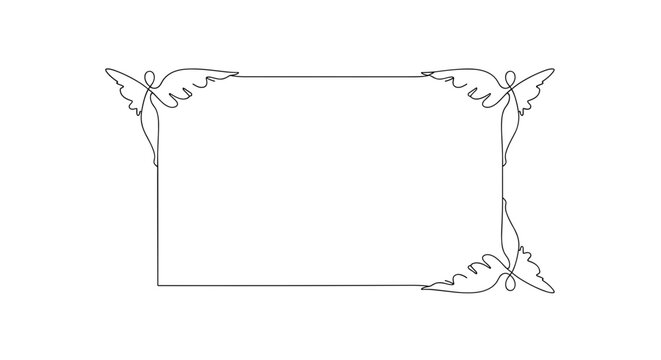 Square frame decorated with continuous line art of angels in each corner