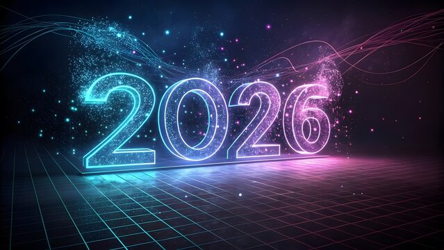 Luminous 2026 numbers on a digital grid with abstract light effects Keywords: 2026, year, future, futuristic, grid, digital, technology, neon
