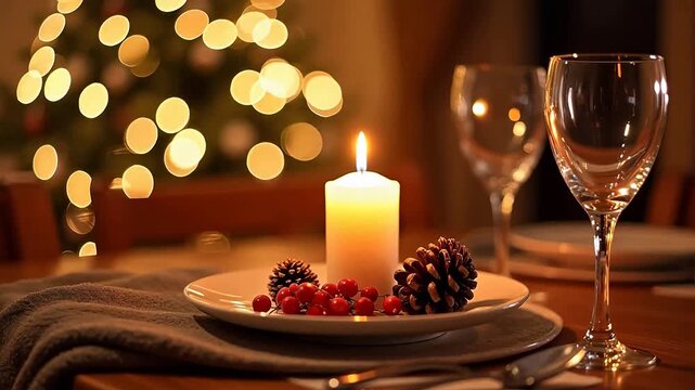 Dinner table with candle and Christmas tree