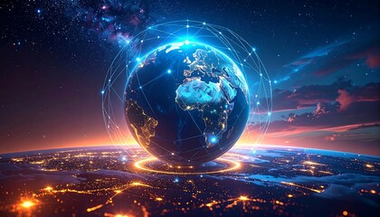 Glowing Earth globe with network lines overlay, rising from illuminated cityscape under starry sky and sunset