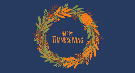 Happy Thanksgiving Wreath on Dark Blue Background