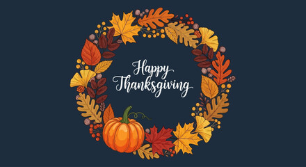 Happy Thanksgiving Autumn Wreath with Pumpkin on Navy Background