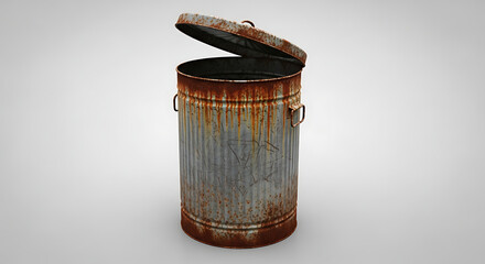 Rusty Metal Trash Can Open Lid, Industrial Waste Container
