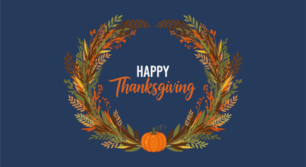 Happy Thanksgiving Wreath with Pumpkin and Text on Blue Background