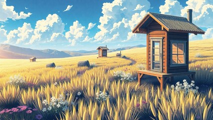 A small house in the middle of a grassy field
