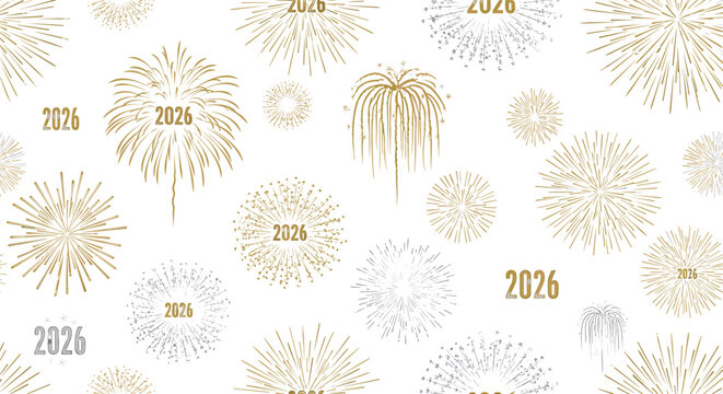 A festive pattern of fireworks and the year 2026 on a white background