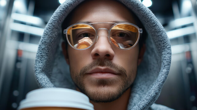 Elevator mirror selfie, person in sunglasses and hoodie, coffee cup, going to work reluctantly, with copy space