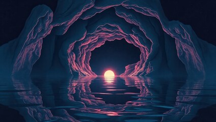 A cave with a sunset in the middle of the water