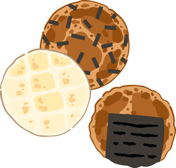 Japanese senbei rice cracker trio illustration