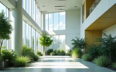 A modern healthcare facility with eco-friendly materials and large windows. High quality