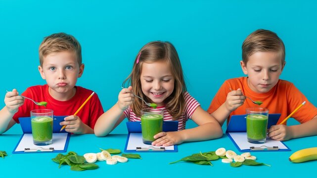 Kids Taste Testing Healthy Green Smoothie with Spinach and Banana on Blue Background - Powered by Adobe