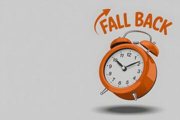 Daylight Saving Time: As daylight saving time draws near, an orange alarm clock stands boldly with the phrase Fall Back. Capture the essence of time, seasons and schedule.