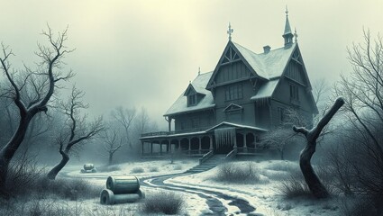 A large house in the middle of a snowy field