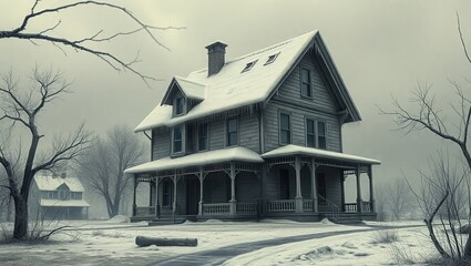 A large house in the middle of a snowy field