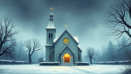 A church in the middle of a snowy field at night