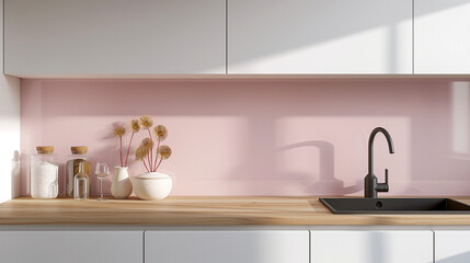 Modern Kitchen Interior with Pink Tile Backsplash
Bright Minimalist Kitchen Design with Colorful Tiles