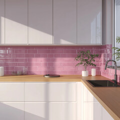 Modern Kitchen Interior with Pink Tile Backsplash
Bright Minimalist Kitchen Design with Colorful Tiles
