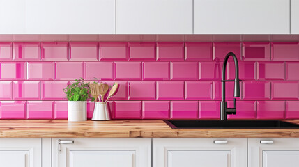 Modern Kitchen Interior with Pink Tile Backsplash
Bright Minimalist Kitchen Design with Colorful Tiles