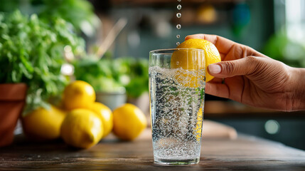 Close up of hand squeezing lemon into tall water glass, bubbles, bright kitchenscape, refresh symbolism, with copy space