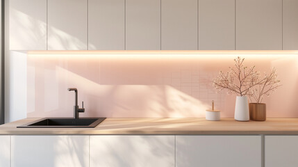 Modern Kitchen Interior with Pink Tile Backsplash
Bright Minimalist Kitchen Design with Colorful Tiles