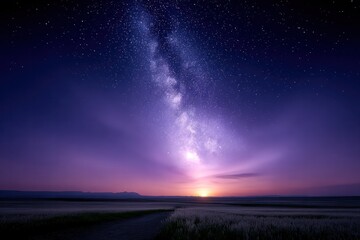 Fototapeta premium Celestial Canvas: Witness the mesmerizing Milky Way arc across a starlit canvas, as twilight gently touches the landscape, painting the scene in hues of purple and gold. 
