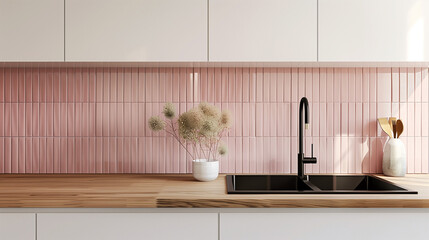 Modern Kitchen Interior with Pink Tile Backsplash
Bright Minimalist Kitchen Design with Colorful Tiles