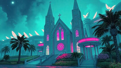 A church in the middle of a tropical area at night