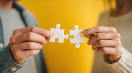 Hands Interlock White Puzzle Pieces: Close-Up of Teamwork on a Yellow Backdrop