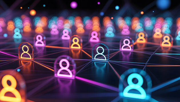 Digital Network of Connections: A vibrant, interconnected network of luminous figures, representing individuals linked through a digital web.