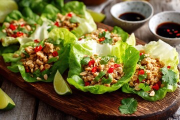 Healthy Asian Chicken Lettuce Wraps: Fresh crisp lettuce cups filled with seasoned chicken and vegetables