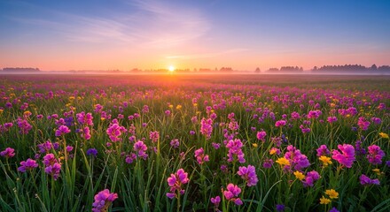 Obraz premium Sunrise over a field of wildflowers, with mist in the distance
