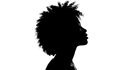Silhouette of a woman with curly hair in profile against a white background with a strong contrast