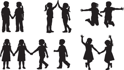 Happy childhood friends playing together, children silhouettes holding hands, jumping, and high-, friendship, partnership, and positive energy on a white background.Happy childhood friends playing 
