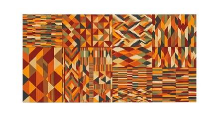 Collection of geometric patterns in warm tones featuring triangles stripes and diamond shapes arranged in squares