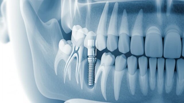 Detailed 3D X-ray visualization of a dental implant surgically placed in the human jawbone