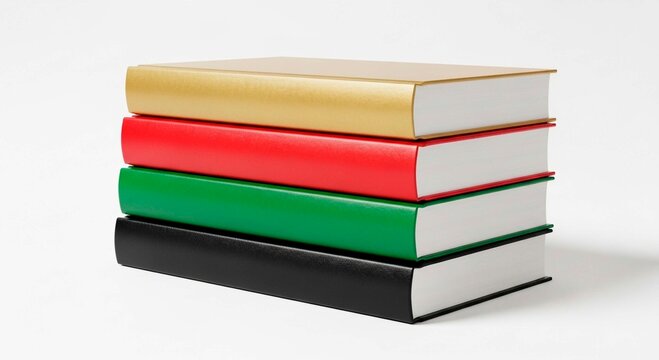 A stack of four books with gold red green and black covers on a white surface in a simple arrangement