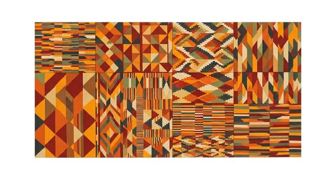 Collection of geometric patterns in warm tones featuring triangles stripes and diamond shapes arranged in squares